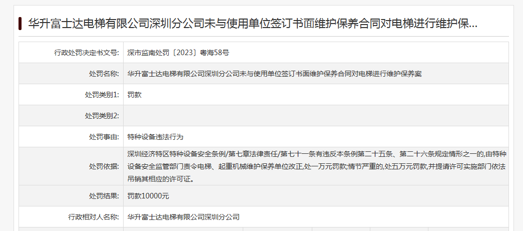 近年来多次因特种设备违法行为被处罚凯发K8华升富士达电梯深圳分公司